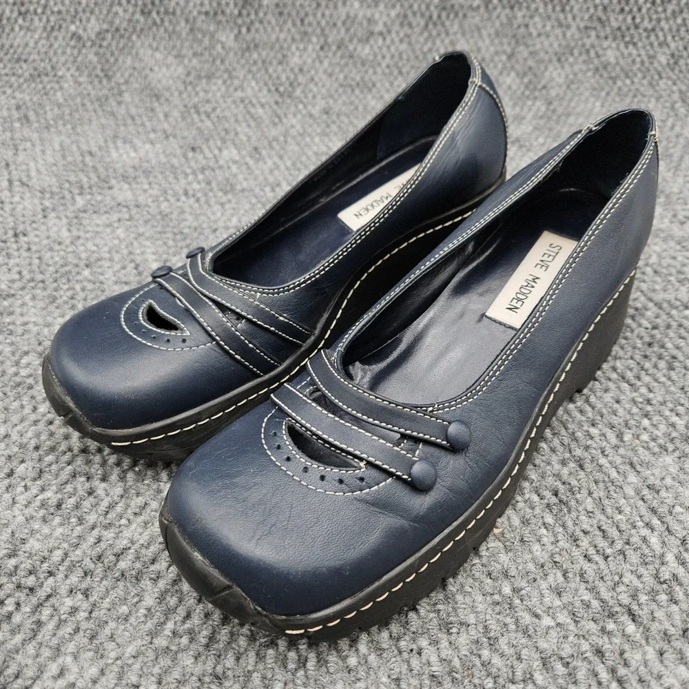 Steve Madden (Women's 7 B) Navy Blue Gily Platform Wedge Mary Jane Shoe Y2K VTG